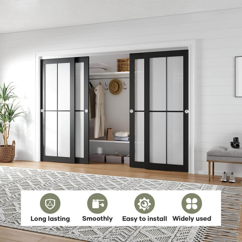 Bypass Double Sliding Pocket Door Hardware Kit for 4 Door System Aluminum Track Commercial Grade 10 Feet Long 120 Inches