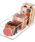 Sleek 3 Compartment Acrylic Organizers For Bathroom Vanity Counters holds makeup palettes and blush in a clear acrylic organizer.