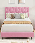 Chic Pink Twin Bed Frame With Plush Upholstered Headboard And Heavy Duty Platform Base Featuring Tough Wooden Slats For Zero Creak Nights Set Up In A Flash No Box Spring Needed For A Cozy Room Glow Up with pillows and decor