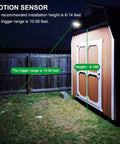 Solar Powered Outdoor LED Lights With Motion Sensor, 48 LEDs Flood Light illuminating a shed, mounting 6 to 14 feet, night scene.