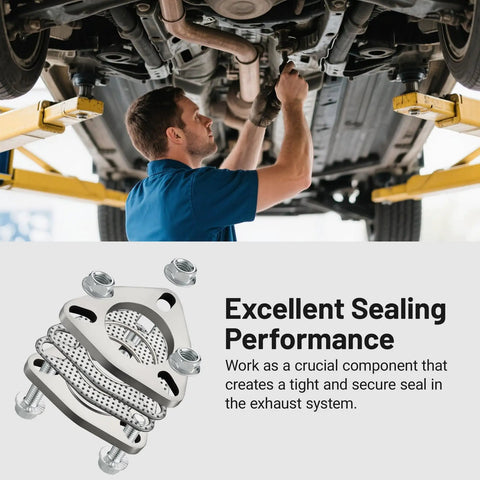 Heavy Duty 3 Bolt Exhaust Flange Upgrade Kit Crafted From Premium 304 Stainless Steel With Gaskets And Hardware For Seamless Pipe Connections, close-up of flange and seals in use.