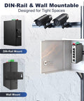 Rugged 5 Port PoE+ Industrial Switch With 4 PoE+ Ports And 1 Uplink, 10/100 Mbps, shown in DIN rail and wall mount setups