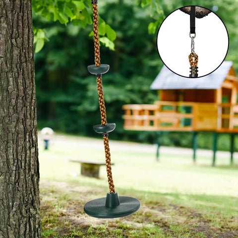 Outdoor Climbing Rope With Platform And Disc Swing Seat Set For Trees And Backyards Includes Bonus Hanging Strap And Carabiner