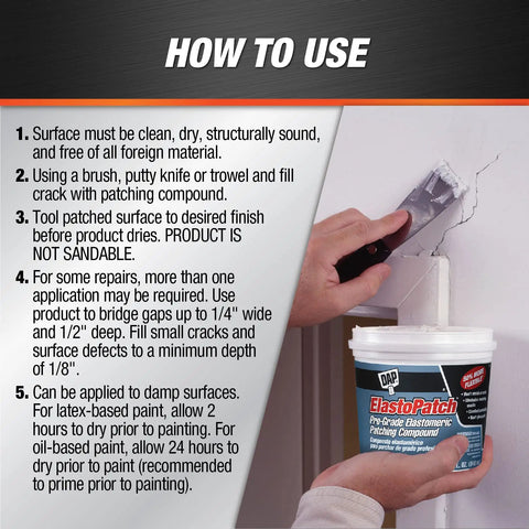 ElastoPatch Smooth Flexible Patching Compound for Walls White 32 Oz being applied on a wall with a putty knife, instructions visible.