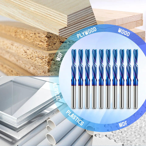 Image of Downcut Router Bit 1/8 Inch Shank, Spiral CNC End Mill Tungsten Carbide, 2 Flute Cutter, with materials like MDF, wood, and acrylic.
