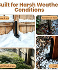 Heavy Duty Steel Fence Post Repair Kit 4 Pack Quick Fix For Leaning 4X4 And 6X6 Wood Posts Outdoor Yard Anchor Stakes shown in harsh weather conditions.