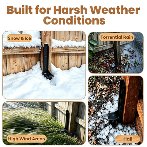 Heavy Duty Steel Fence Post Repair Kit 4 Pack Quick Fix For Leaning 4X4 And 6X6 Wood Posts Outdoor Yard Anchor Stakes shown in harsh weather conditions.