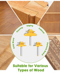 45 Degree Lock Miter Router Bit Set With 1/4 Inch Shank, 3 Pc displayed with woodworking material options