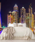 Giant City Night Skyline Wall Mural for Bedroom and Living Room Not Peel and Stick, 7 Piece Silk Finish Panel Set, bed foreground.