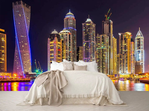 Giant City Night Skyline Wall Mural for Bedroom and Living Room Not Peel and Stick, 7 Piece Silk Finish Panel Set, bed foreground.