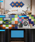 Straight Up Heavy Density Peel And Stick Soundproof Wall Panels 12 Inch Square Acoustic Foam Tiles in stylish room settings.