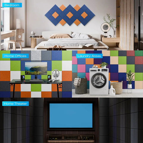 Straight Up Heavy Density Peel And Stick Soundproof Wall Panels 12 Inch Square Acoustic Foam Tiles in stylish room settings.