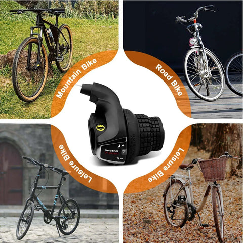 Revoshift 7 Speed Right Shift Lever For Mountain Bikes, Twist Grip Gear Shifter, shown with various bike types