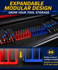 Low Profile 24 Slot Pliers Organizer Rack With Magnetic Base For Toolbox Drawers 2 Pack in blue and red, showing modular design.