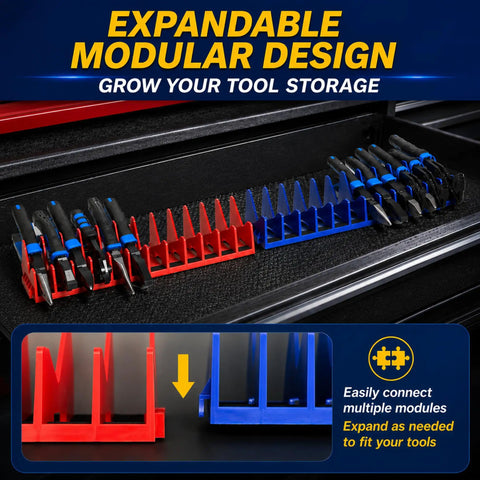 Low Profile 24 Slot Pliers Organizer Rack With Magnetic Base For Toolbox Drawers 2 Pack in blue and red, showing modular design.