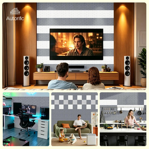 Ultimate Brick Shape Acoustic Panels Made From High Density Polyester Fiber To Blast Away Echoes And Silence Reverb Delivering Pro Grade Noise Reduction For Walls And Ceilings Perfect For Sound Proofing Home Studios And Gaming Rooms Value Pack Of 24 in a stylish living room setting.