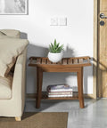 Space Saving Bamboo Shower Stool With Built In Storage Shelf For Bathroom next to a couch, plant on top, walnut finish