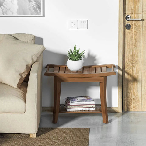 Space Saving Bamboo Shower Stool With Built In Storage Shelf For Bathroom next to a couch, plant on top, walnut finish