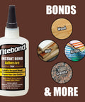 Image of Titebond Instant Bond Adhesive with visuals of materials it bonds: wood, MDF, acrylic, and granite.