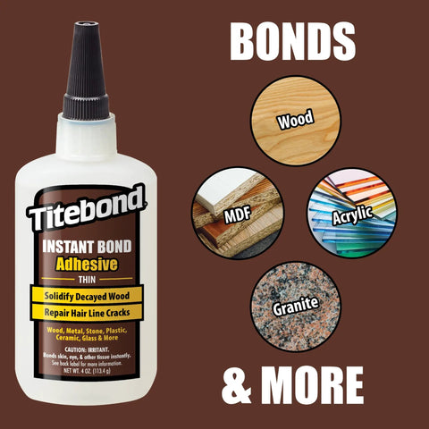 Image of Titebond Instant Bond Adhesive with visuals of materials it bonds: wood, MDF, acrylic, and granite.