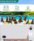 80 Quart Rolling Cooler Cart With Bottle Opener And Drainage On Wheels Portable Patio Beverage Cart For Pool Deck Outdoor Parties And Cookouts White Great For Summer filled with drinks by a pool