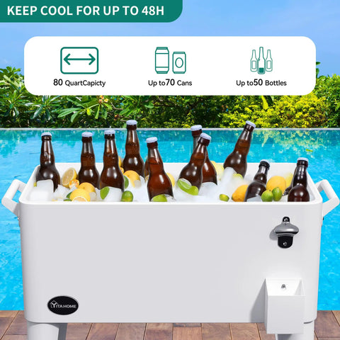 80 Quart Rolling Cooler Cart With Bottle Opener And Drainage On Wheels Portable Patio Beverage Cart For Pool Deck Outdoor Parties And Cookouts White Great For Summer filled with drinks by a pool