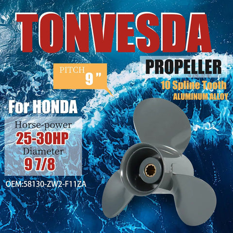 Honda Outboard OEM Upgrade Aluminum Propeller 10 Spline Fits 25-30 HP Motors, 9.25 X 12 Or 9.875 X 9,10,11,12,13 Pitch, 9.875 Diameter, OEM Part 58130-ZW2-F11ZA, Durable Aluminum