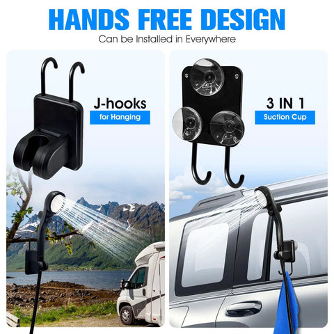 All In One Portable Shower With Heater For Camping And Hiking, 6000mAh Battery Powered Outdoor Shower With 2000W Auto Off Heater, Black, shown with hands-free hooks in use.