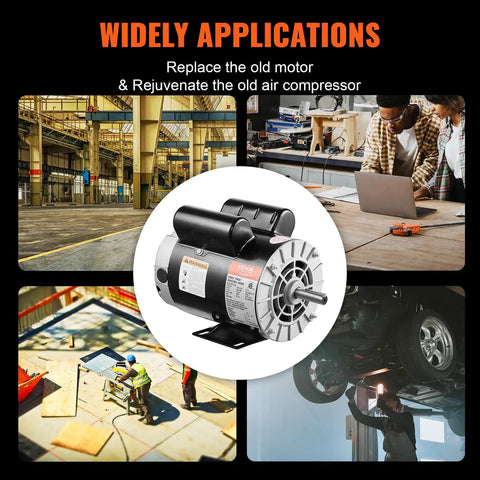 3.7 HP Air Compressor Motor, 3450 RPM, 230V, Single Phase, 56 Frame, shown with industrial and workshop settings