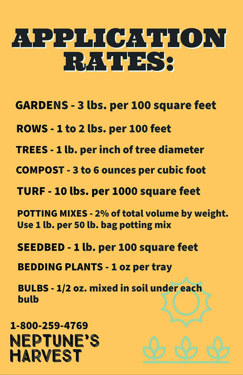Crab And Lobster Shell Organic Fertilizer 44 Lb Bag Dry NPK Source With Calcium 23 Percent And Magnesium 1.33 Percent Helps Knock Out Nematodes And Fungi Pairs Well With Kelp Meal For Organic Matter And Soil Moisture Retention. application rates chart