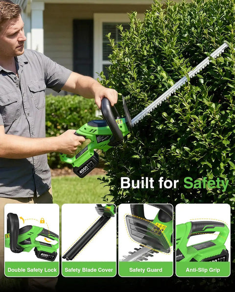 Man using 22 Inch Cordless Hedge Trimmer with Dual Action Blades Beefy 20V Power to trim a hedge, safety features highlighted.