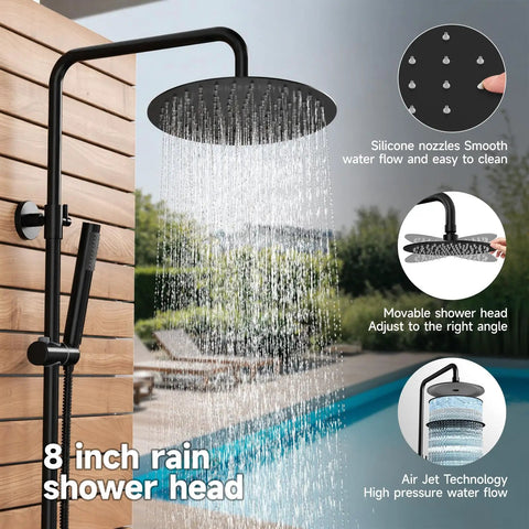 Heavy Duty Outdoor Shower Kit With Single Handle Solid Brass Valve 8 Inch Rain Head Sleek Matte Black Finish Hella Durable Setup No Sweat Wall Mount Install For Backyard Relaxation