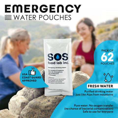 Emergency Drinking Water Packets, 62 Sachets Of Purified Water, 4.22 Oz Each, 5-Year Shelf Life with hikers in background