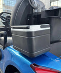 Kick Back In Style On This 2 Seat Electric Golf Cart Designed For Sightseeing And Leisure With Smooth MacPherson Strut Suspension 4KW Motor Advanced Disc Brakes And Huge Touchscreen Entertainment Setup, featuring a black cooler attached.