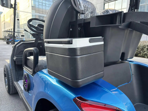 Kick Back In Style On This 2 Seat Electric Golf Cart Designed For Sightseeing And Leisure With Smooth MacPherson Strut Suspension 4KW Motor Advanced Disc Brakes And Huge Touchscreen Entertainment Setup, featuring a black cooler attached.