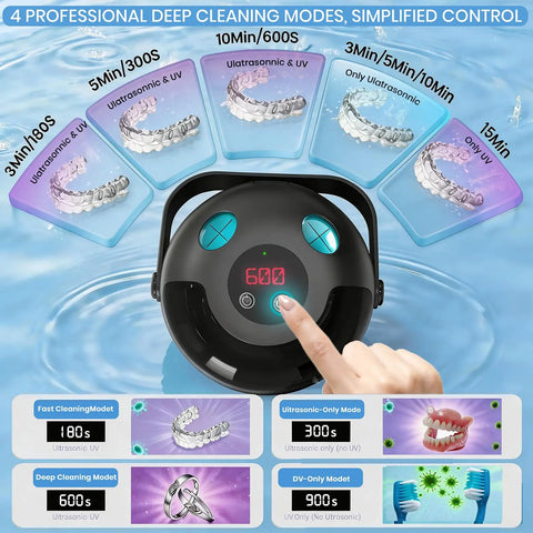 Top Tier 45kHz Ultrasonic Retainer Cleaner Machine For Dentures Night Guards And Mouthguards with digital timer and cleaning modes.