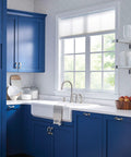Top Shelf High Arc Kitchen Faucet With Spot Resist Stainless Finish And Smooth One Handle Design To Make Kitchen Chores An Absolute Breeze On Your Counter in a blue kitchen.