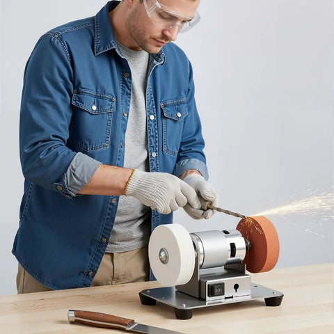 Person using the Heavy Hitter 96W Mini Belt Sander With Seven Adjustable Speeds And Brushless Motor for knife sharpening.