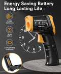 Infrared Thermometer Gun With Wide Range From Minus Fifty Eight To Eleven Hundred Twelve Fahrenheit Laser Temperature Gun shown with battery features and design details