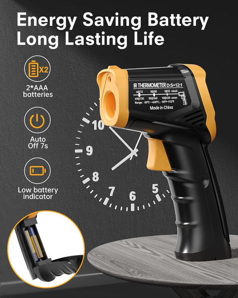 Infrared Thermometer Gun With Wide Range From Minus Fifty Eight To Eleven Hundred Twelve Fahrenheit Laser Temperature Gun shown with battery features and design details