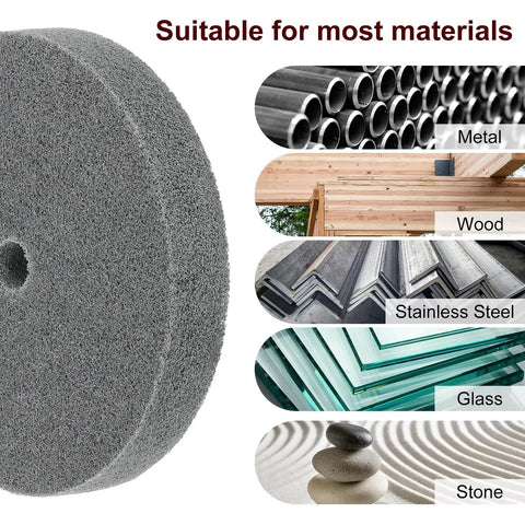Two Pack Six Inch By One Inch 180 Grit Nylon Fiber Polishing Wheels With Five Eighth Inch Arbor, suitable for metal, wood, glass.