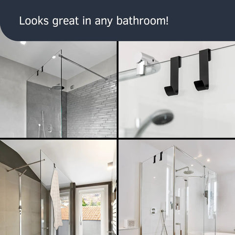 3 Inch Shower Door Hooks Set Of 2 For Frameless Glass Doors Brushed Stainless Steel Non Slip Towel Hooks Ideal For Towels Bathrobes And Even A Bluetooth Speaker In The Bathroom Silver Finish. Image showcases the hooks on a glass shower door.