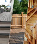 Composite deck, wooden fence, and unfinished staircase showcasing applications of a 50 Pc Deck Screws Set, 5 Inch #10.