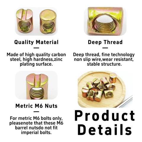 24Pcs M8x14mm Barrel Nuts Cross Dowels Slotted Nuts Hardware Replacement Kit for furniture on wooden surface with text details