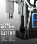 Industrial Magnetic Drill Press With Six Twist Core Bits, 1550w Motor For Zero Sweat Steel Boring, Stepless Speed And A Rock Solid Magnetic Base Handling Two Inch Cuts On Site, featuring six drill bits and controls.