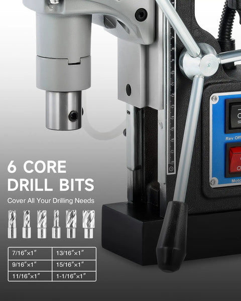 Industrial Magnetic Drill Press With Six Twist Core Bits, 1550w Motor For Zero Sweat Steel Boring, Stepless Speed And A Rock Solid Magnetic Base Handling Two Inch Cuts On Site, featuring six drill bits and controls.