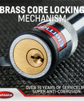 Close-up of EleMake brass core locking mechanism on Beefed Up Heavy Duty Trailer Hitch Lock With Brass Core Pin One Half Inch And Five Eighths Inch Extra Long Three Inch And Three And A Half Inch For Class One To Five Tow Receivers Keeps Your Trailer Boat Or RV Secure