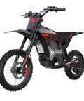 Heavy Duty Electric Dirt Bike With 5500W Mid Drive Motor And 276Nm Torque shreds rough terrain at 55mph in black and red.