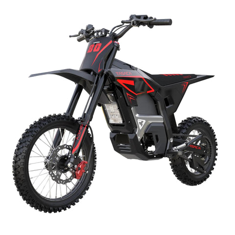 Heavy Duty Electric Dirt Bike With 5500W Mid Drive Motor And 276Nm Torque shreds rough terrain at 55mph in black and red.