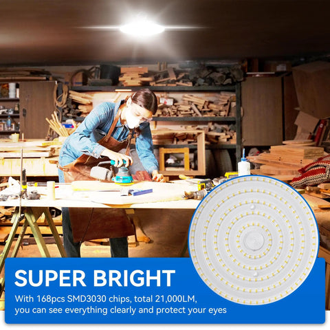Workshop lit by UFO LED High Bay Light 150W 21000lm 5000K Daylight ETL Listed IP65 Waterproof Commercial Fixture
